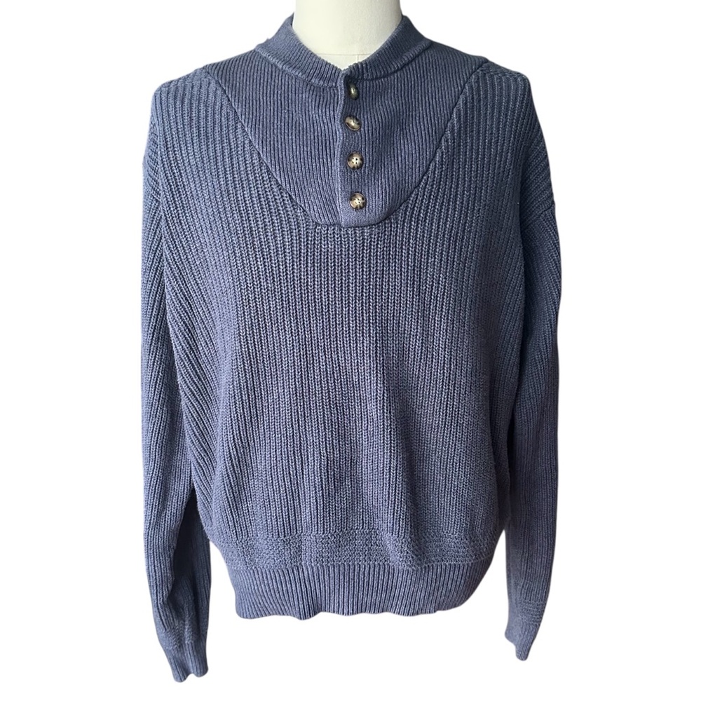 Cabela's Men's Large Vintage Blue‎ Henley Sweater - 100% Cotton Heavyweight Knit